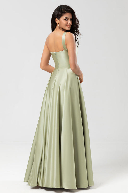 One-Shoulder Satin Green Bridesmaid Dress with Pockets