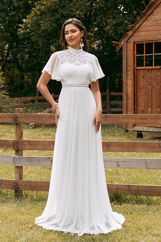 Robe de mariée bohème vintage en mousseline ivoire avec dentelle