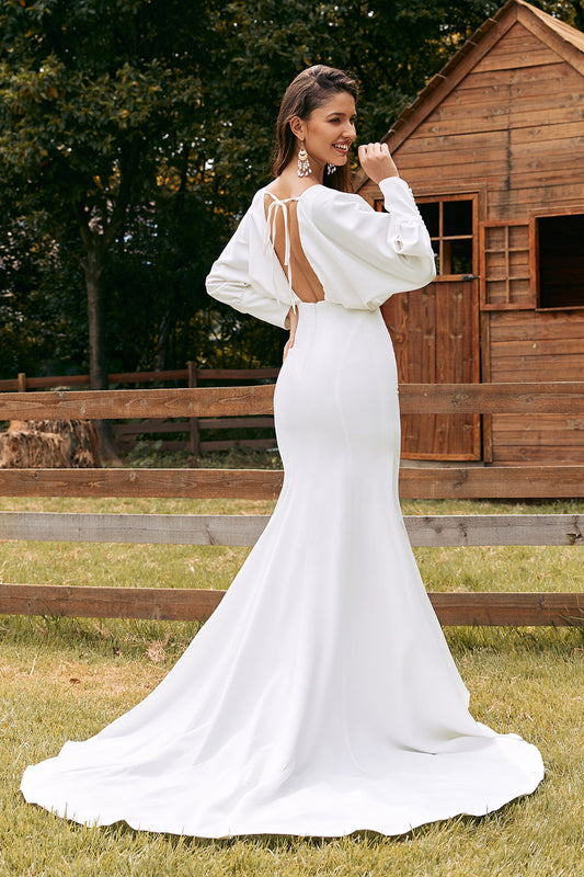 Robe de mariée sirène simple ivoire à manches longues