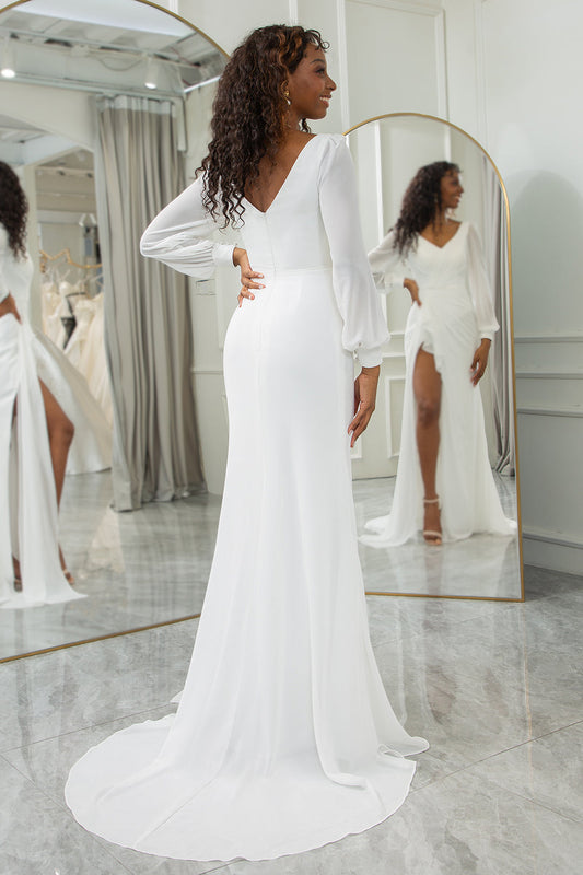 Robe de mariée bohème simple en ivoire à manches longues et volants