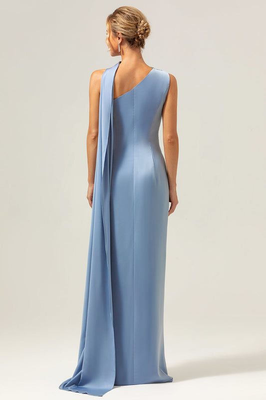 Robe longue de demoiselle d'honneur bleue en satin fourreau à une épaule