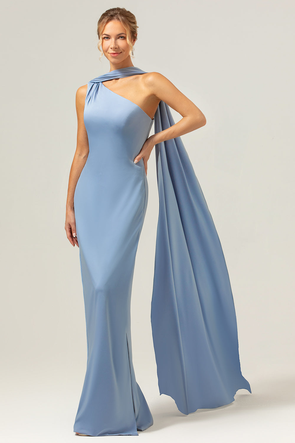 Sheath One-Shoulder Satin Long Blue Bridesmaid Dress