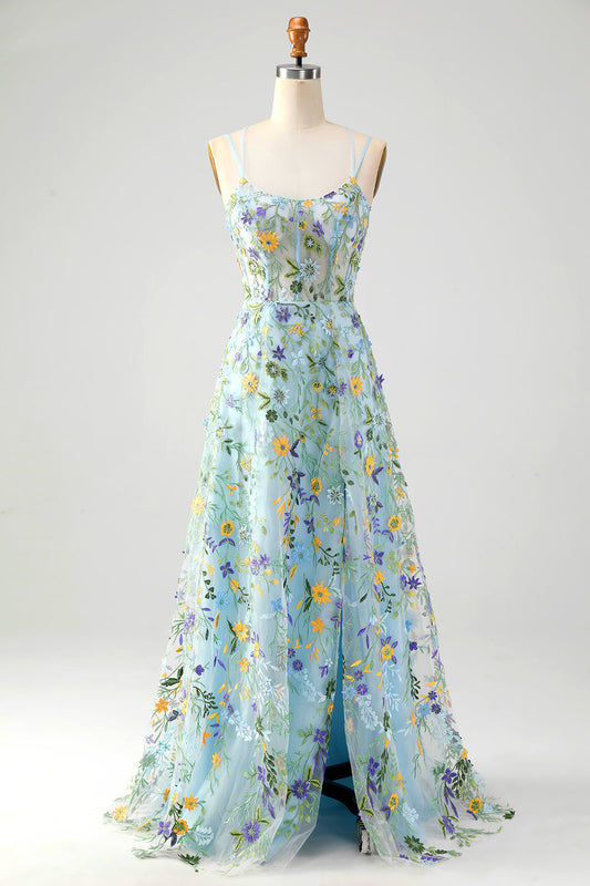 Robe de bal fendue brodée avec corset, bretelles spaghetti et fleurs bleues