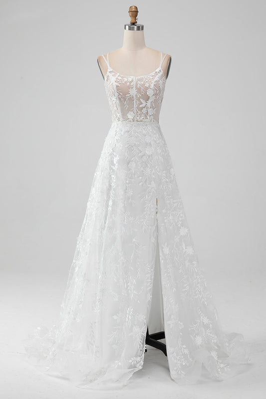Ivory A-Line Spaghetti Straps Applique Lace Corset Wedding Dress with Slit