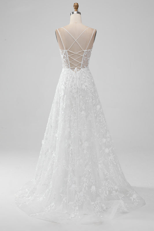Ivory A-Line Spaghetti Straps Applique Lace Corset Wedding Dress with Slit