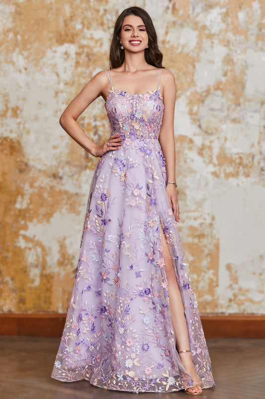 Magnifique robe de bal longue lilas coupe trapèze à bretelles fines avec appliques