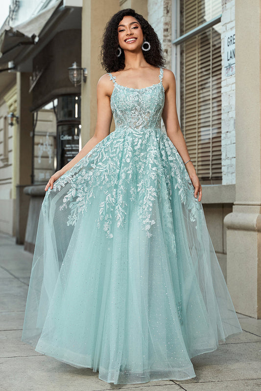 Magnifique robe de bal corset en ligne A vert menthe à fines bretelles avec appliques