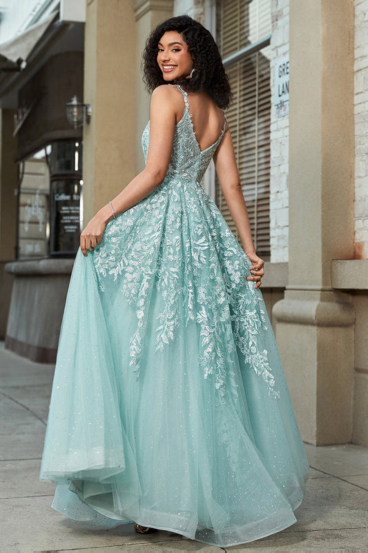 Magnifique robe de bal corset en ligne A vert menthe à fines bretelles avec appliques