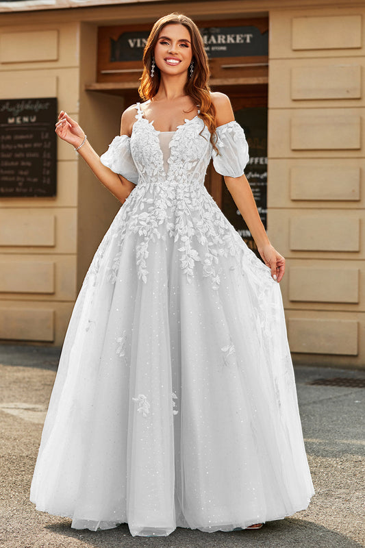 White A-Line Long Bridal Dress with Puff Sleeves and Appliques