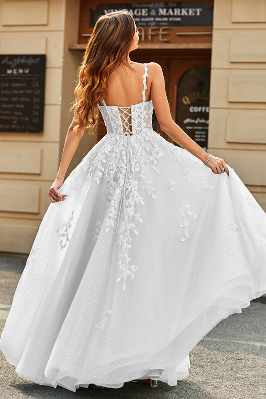 White A-Line Long Bridal Dress with Puff Sleeves and Appliques