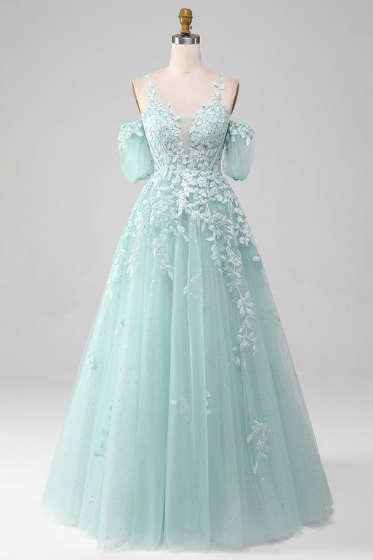 Mint Ball-Gown Off-The-Shoulder Beaded Prom Dresses With Appliques