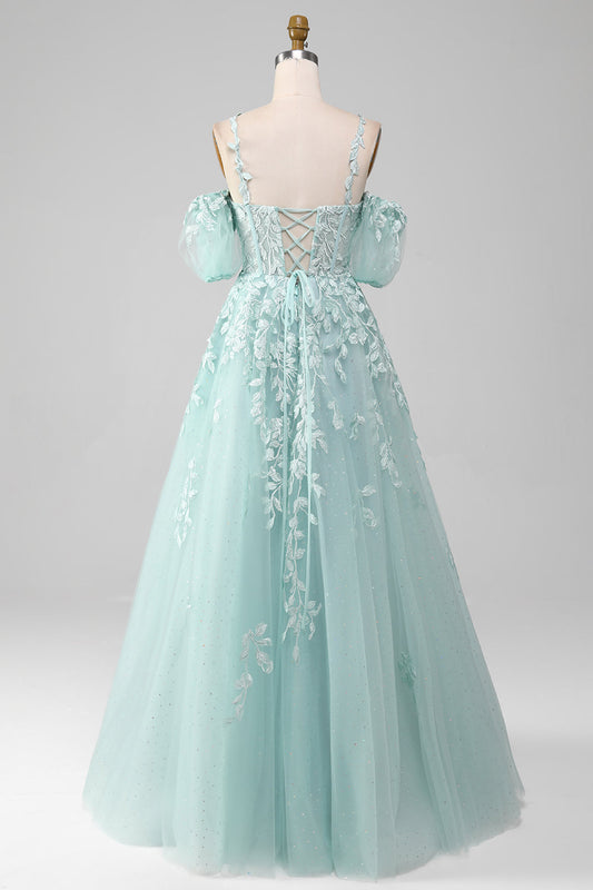 Mint Ball-Gown Off-The-Shoulder Beaded Prom Dresses With Appliques