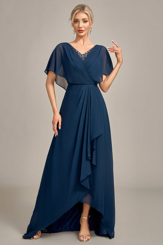 Robe asymétrique trapèze bleu marine avec perles et sequins pour mère de la mariée