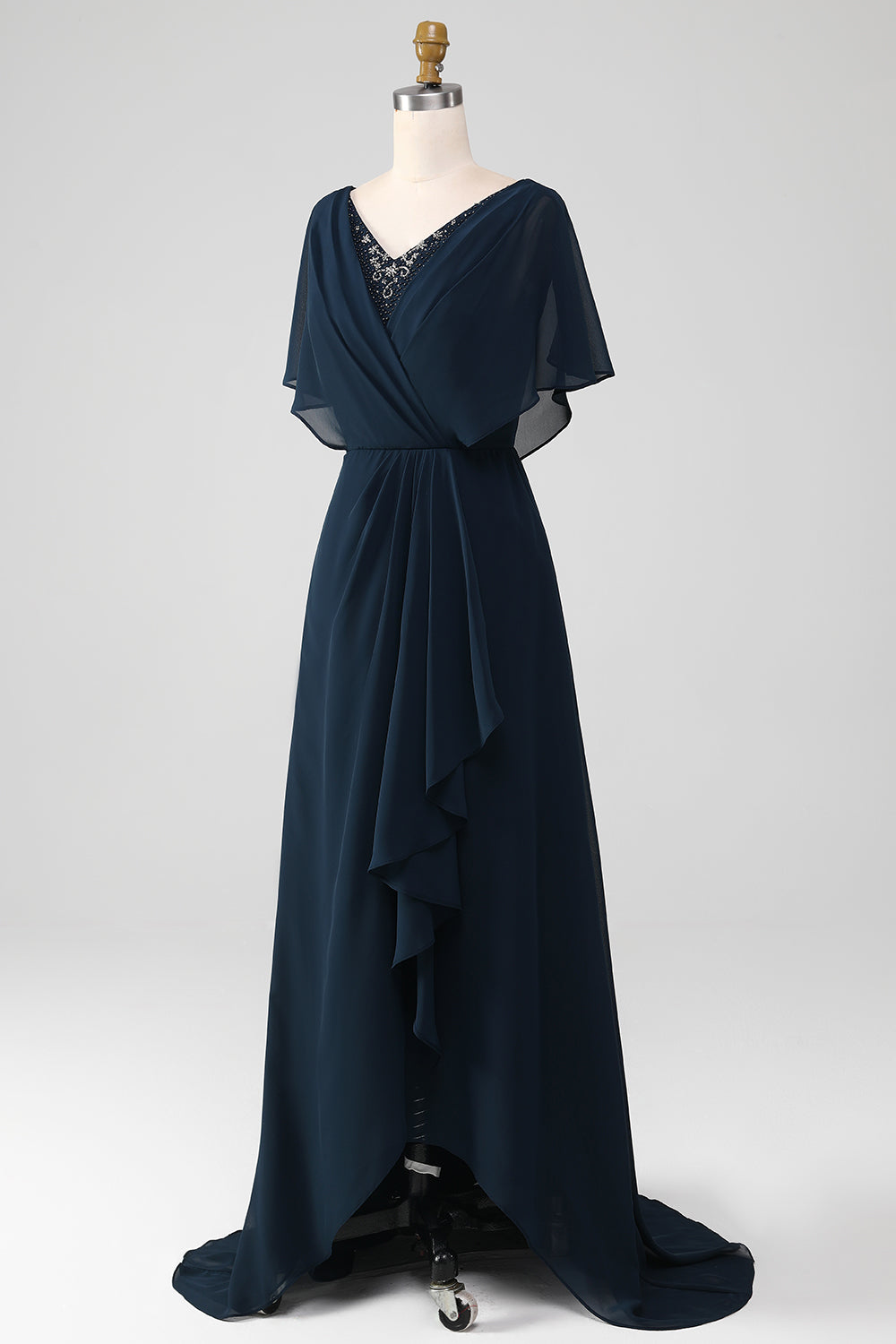 Navy A-Line V-Neck Long Chiffon Choir Dress with Beading
