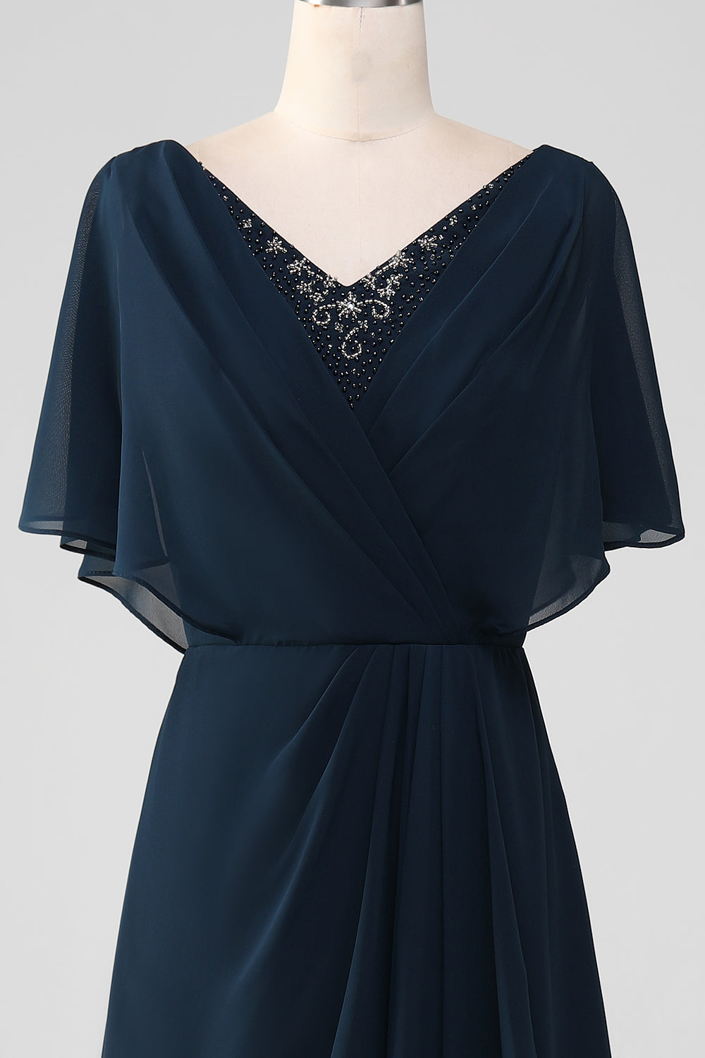 Navy A-Line V-Neck Long Chiffon Choir Dress with Beading