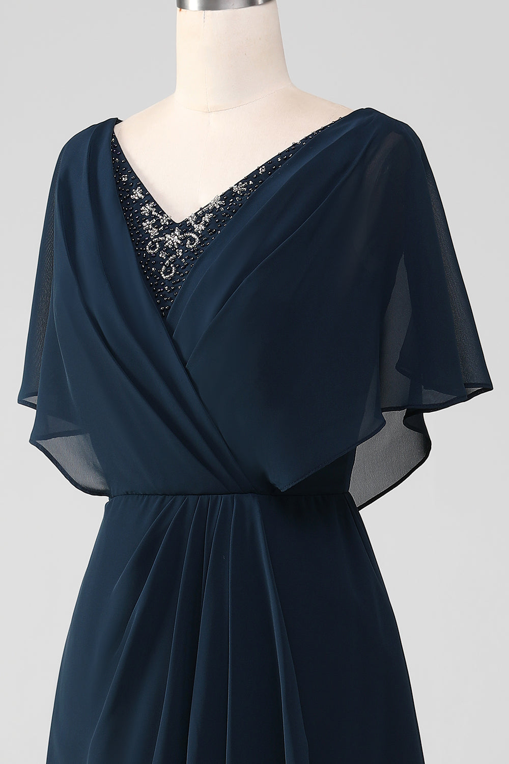 Navy A-Line V-Neck Long Chiffon Choir Dress with Beading