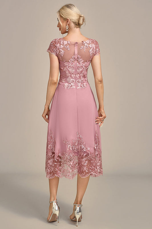 Robe de mère de la mariée trapèze longueur thé rose poudré avec paillettes