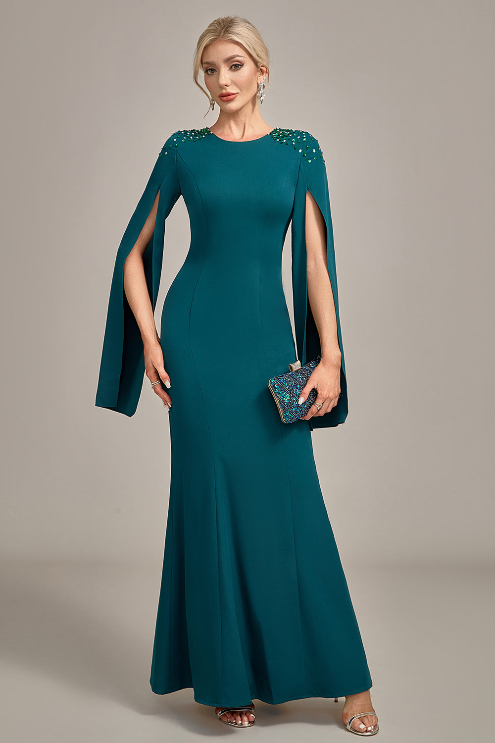 Dark Green Mermaid Beaded Round Neck Long Choir Dress