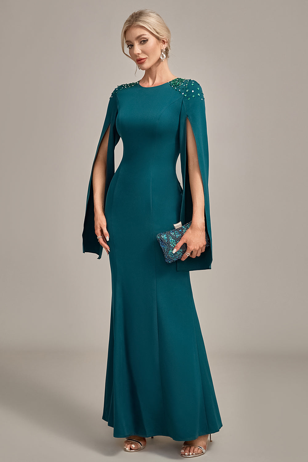 Dark Green Mermaid Beaded Round Neck Long Choir Dress