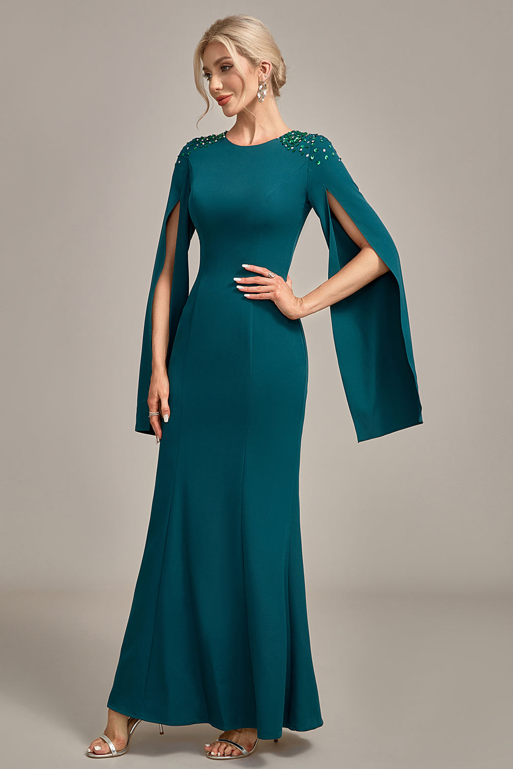 Dark Green Mermaid Beaded Round Neck Long Choir Dress
