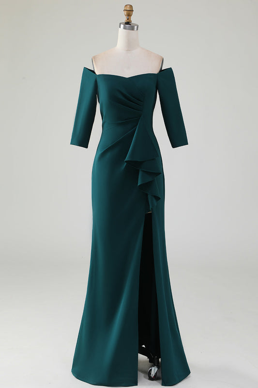 Robe vert foncé sirène épaules dénudées avec volants en cascade pour la mère de la mariée