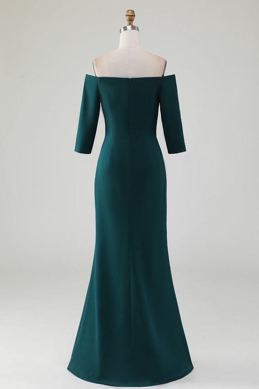 Robe vert foncé sirène épaules dénudées avec volants en cascade pour la mère de la mariée