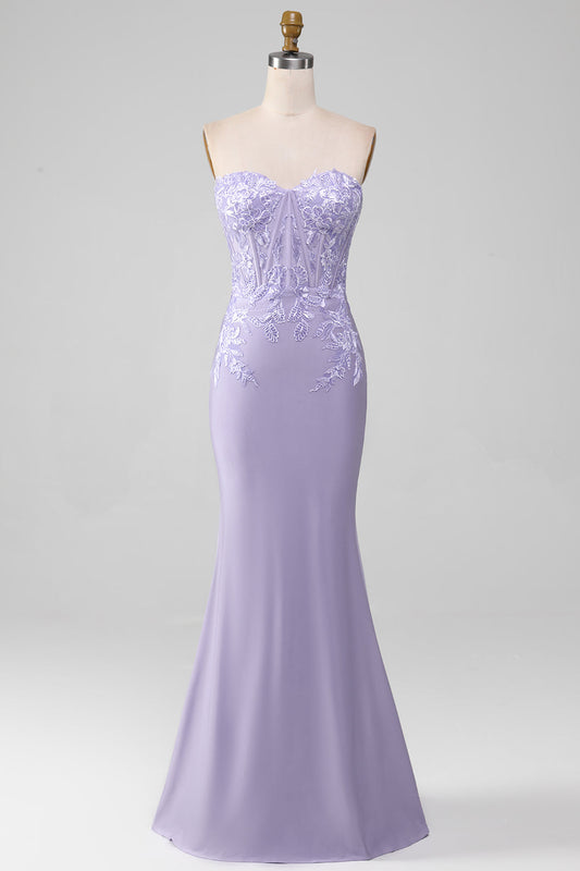 Vestidos de fiesta corsé sin tirantes lila con apliques de encaje