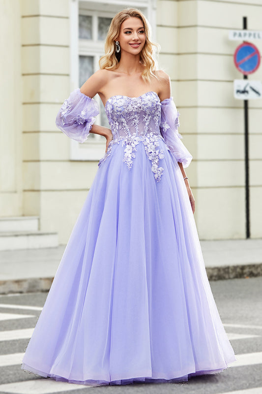 Magnifique Robe de Bal Lavande Corset Droite Épaules Dénudées avec Appliques