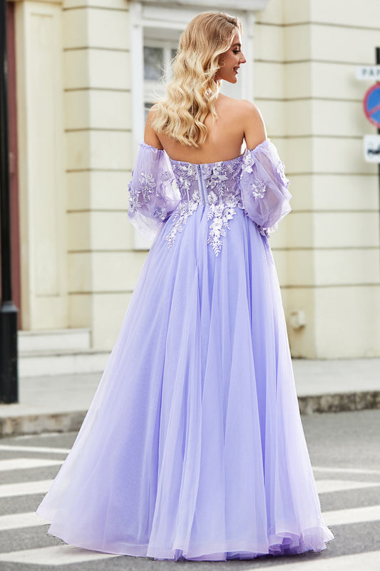 Magnifique Robe de Bal Lavande Corset Droite Épaules Dénudées avec Appliques