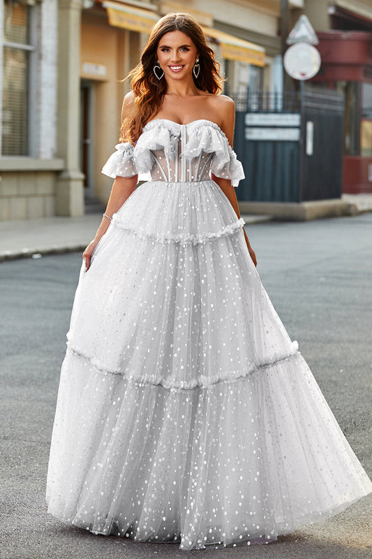 Ivory Off-the-Shoulder Polka Dot Ruffled Wedding Dress