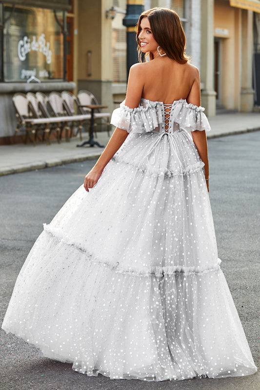Ivory Off-the-Shoulder Polka Dot Ruffled Wedding Dress