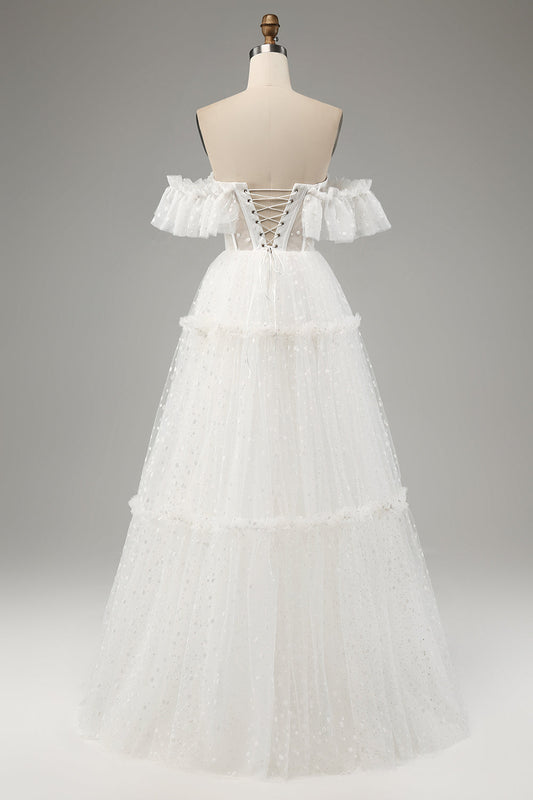 Ivory A-Line Off-the-Shoulder Tulle Wedding Dress