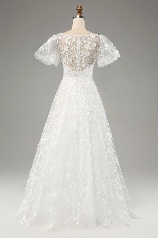 Ivory A-Line Wedding Dress with Puff Sleeves and Appliques