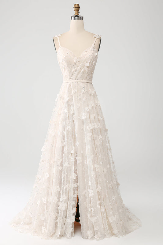 Apricot A-Line Spaghetti Strap Appliqued Long Wedding Dress with Slit