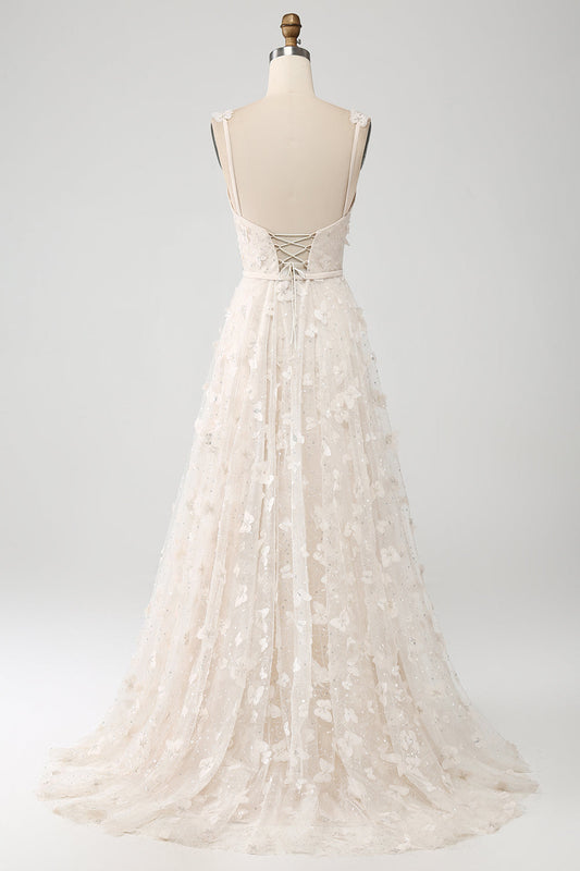 Apricot A-Line Spaghetti Strap Appliqued Long Wedding Dress with Slit