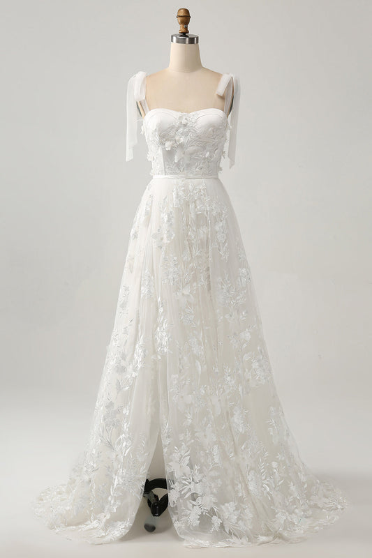 Vestido de Novia Color Marfil con Tirantes, Corte A y Aplicaciones