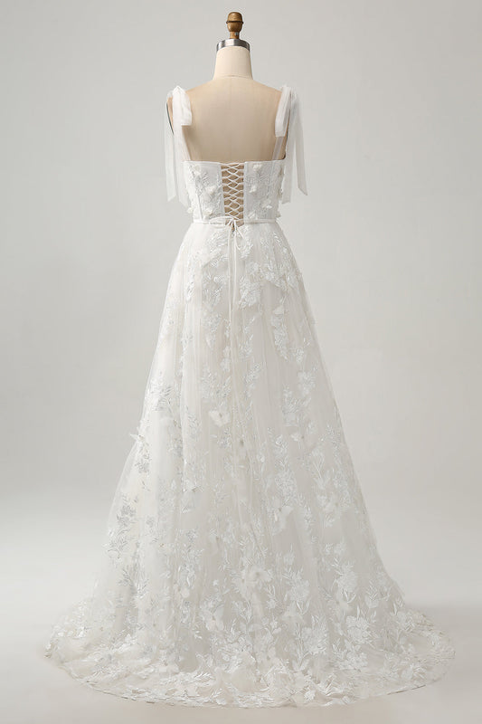Vestido de Novia Color Marfil con Tirantes, Corte A y Aplicaciones