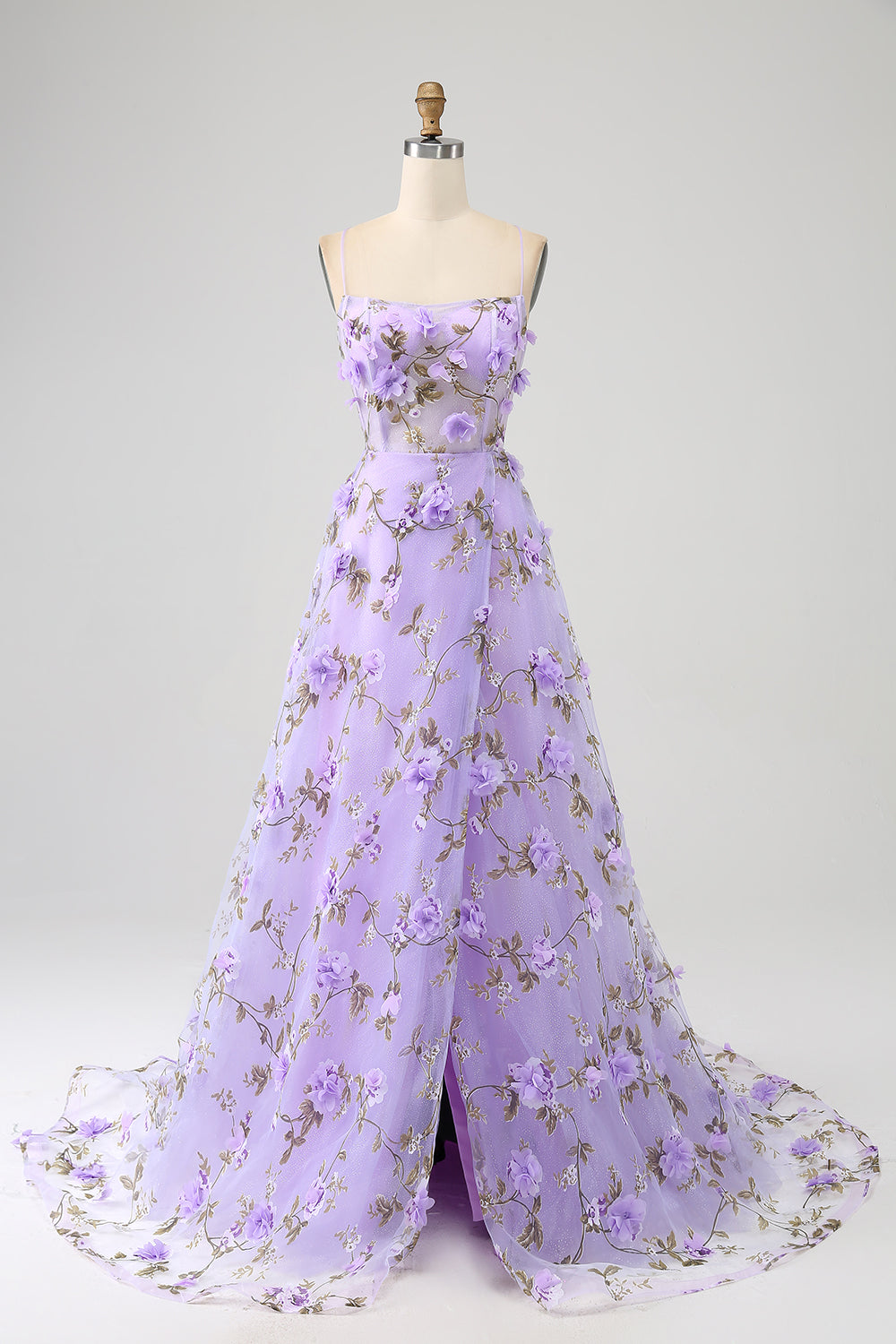 Robe de bal longue lilas coupe trapèze à fines bretelles avec fleurs 3D