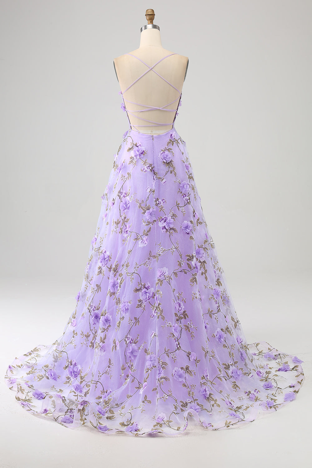Robe de bal longue lilas coupe trapèze à fines bretelles avec fleurs 3D