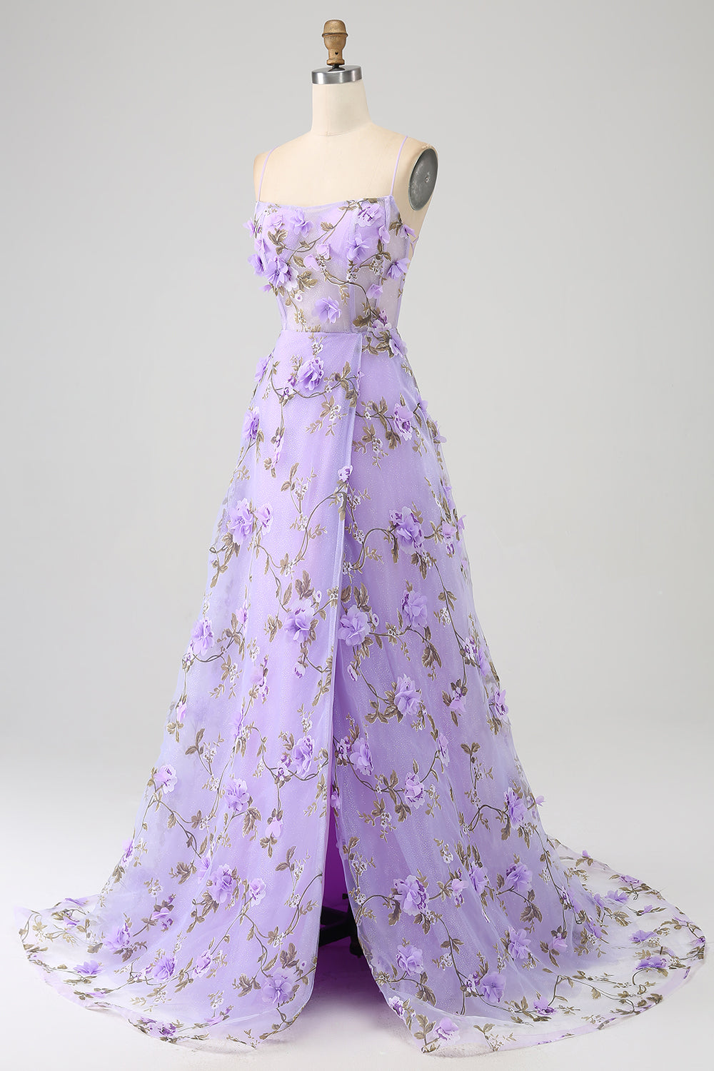 Robe de bal longue lilas coupe trapèze à fines bretelles avec fleurs 3D