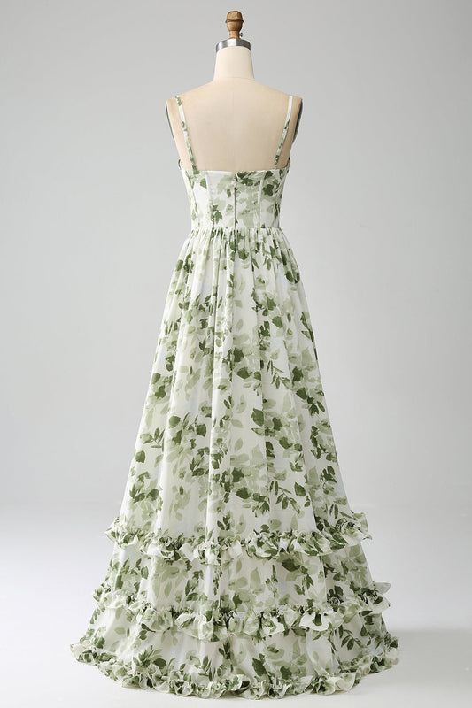 Green A-Line Spaghetti Straps Printed Pleated Long Bridesmaid Dress With Slit