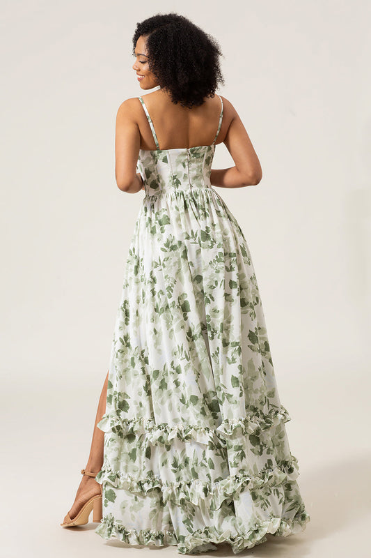 A-Line Spaghetti Straps Green Printed Long Bridesmaid Dress With Slit
