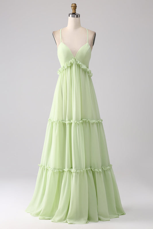 Ruffles A-Line Green Bridesmaid Dress with Lace-Up Back