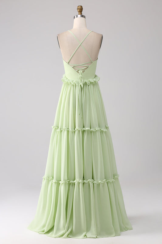 Ruffles A-Line Green Bridesmaid Dress with Lace-Up Back