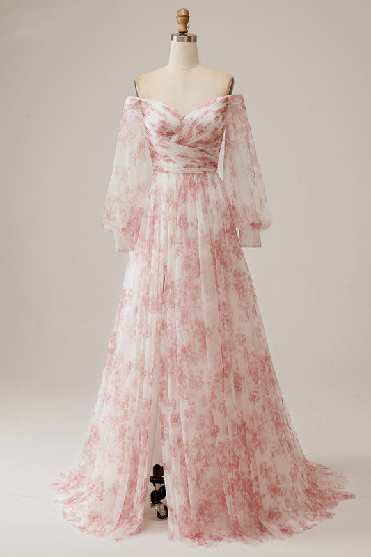 Ivory Flower A-Line Off-the-Shoulder Pleated Floral Wedding Dress with Long Sleeves