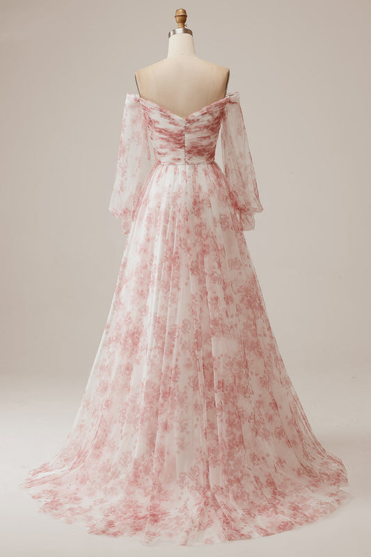 Ivory Flower A-Line Off-the-Shoulder Pleated Floral Wedding Dress with Long Sleeves