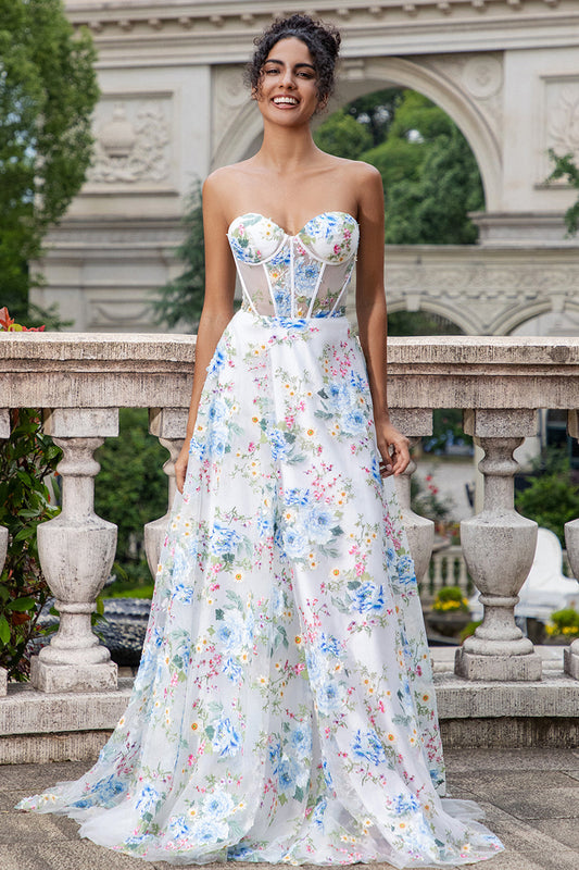 Robe de soirée longue trapèze avec fente et corset cœur, fleurie blanc et bleu