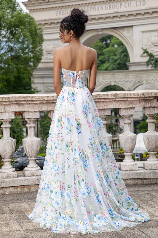 Robe de soirée longue trapèze avec fente et corset cœur, fleurie blanc et bleu