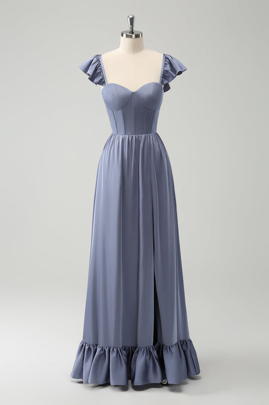 Robe de demoiselle d'honneur en mousseline corsage dos nu ligne A bleu gris