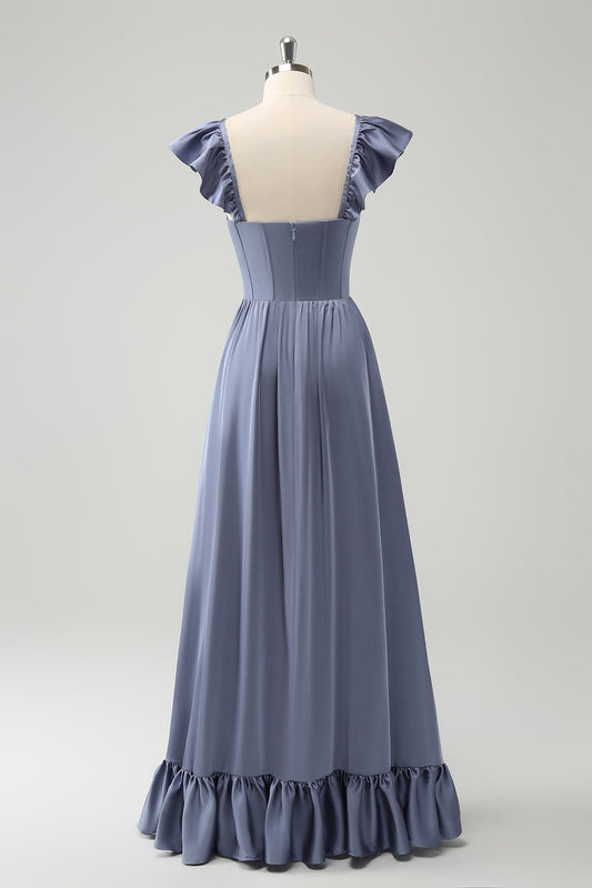Robe de demoiselle d'honneur en mousseline corsage dos nu ligne A bleu gris